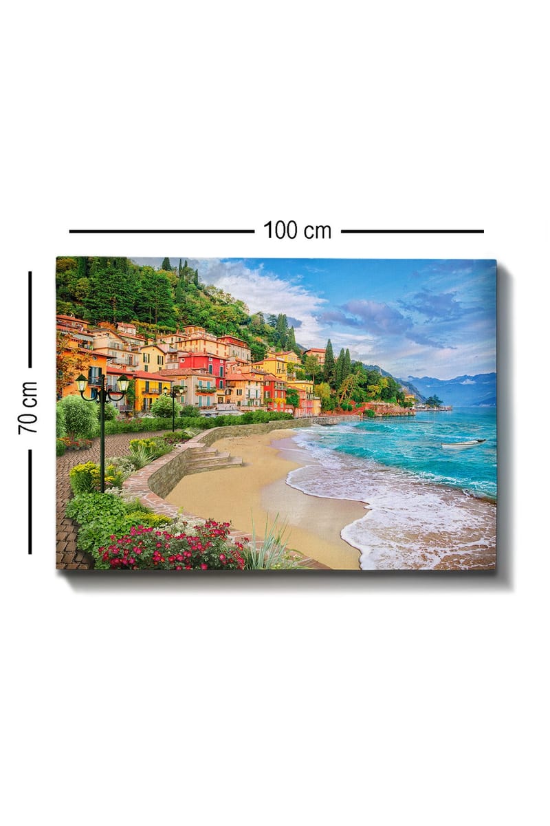 Canvastavla 70x100 cm - Vacker kustlinje med färgglada hus som klättrar uppför en grönskande kulle vid en strand - Blå / Grön / Gul - Inredning - Tavlor & posters - Canvastavla