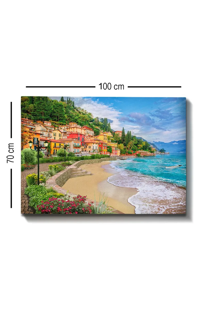 Canvastavla 70x100 cm - Vacker kustlinje med färgglada hus som klättrar uppför en grönskande kulle vid en strand - Blå / Grön / Gul - Inredning - Tavlor & posters - Canvastavla