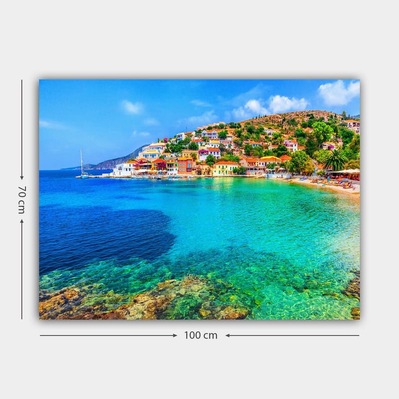 Canvastavla 70x100 cm - Vacker kustlinje med färgglada hus vid havet och en klar blå himmel - Turkos / Blå / Grön - Inredning - Tavlor & posters - Canvastavla