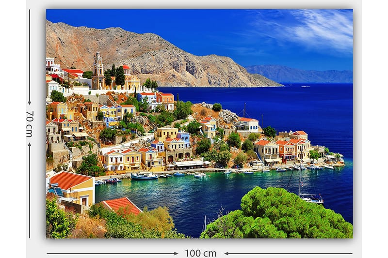 Canvastavla 70x100 cm - Vacker kuststad med färgglada hus vid havet och omgivande berg - Blå / Grön / Orange - Inredning - Tavlor & posters - Canvastavla