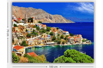 Canvastavla 70x100 cm - Vacker kuststad med färgglada hus vid havet och omgivande berg - Blå / Grön / Orange - Inredning - Tavlor & posters - Canvastavla