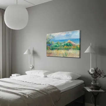 Canvastavla 70x100 cm - Vacker landskapsmålning med en blå himmel, hav och gröna fält - Blå / Grön / Beige - Inredning - Tavlor & posters - Canvastavla