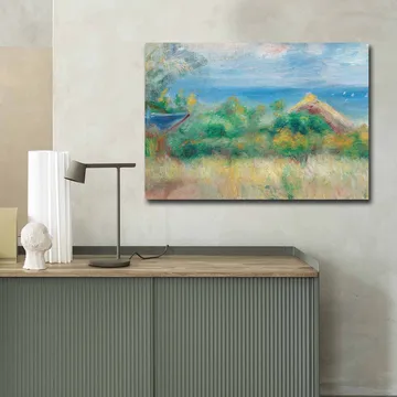 Canvastavla 70x100 cm - Vacker landskapsmålning med en blå himmel, hav och gröna fält - Blå / Grön / Beige - Inredning - Tavlor & posters - Canvastavla