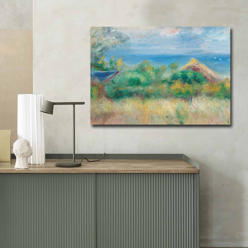 Canvastavla 70x100 cm - Vacker landskapsmålning med en blå himmel, hav och gröna fält - Blå / Grön / Beige - Inredning - Tavlor & posters - Canvastavla