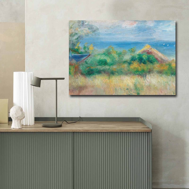 Canvastavla 70x100 cm - Vacker landskapsmålning med en blå himmel, hav och gröna fält - Blå / Grön / Beige - Inredning - Tavlor & posters - Canvastavla