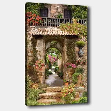 Canvastavla 70x100 cm - Vacker och grönskande trädgård med blomsterarrangemang och en stenbåge som leder in i en lummig gång - Grön / Rosa / Beige - Inredning - Tavlor & posters - Canvastavla