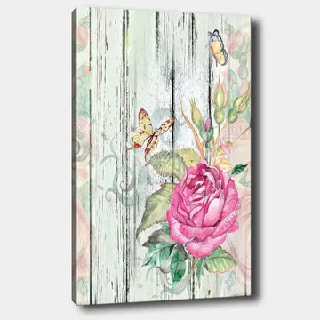 Canvastavla 70x100 cm - Vacker ros omgiven av fjärilar och gröna blad - Rosa / Grön / Gul - Inredning - Tavlor & posters - Canvastavla