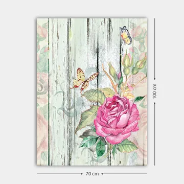 Canvastavla 70x100 cm - Vacker ros omgiven av fjärilar och gröna blad - Rosa / Grön / Gul - Inredning - Tavlor & posters - Canvastavla