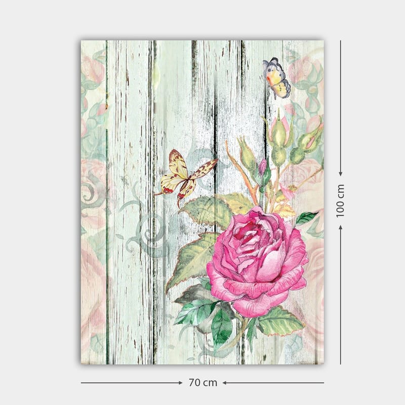 Canvastavla 70x100 cm - Vacker ros omgiven av fjärilar och gröna blad - Rosa / Grön / Gul - Inredning - Tavlor & posters - Canvastavla