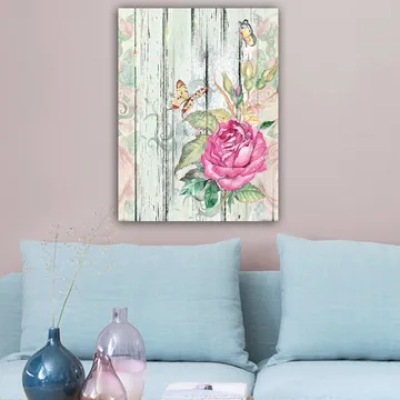 Canvastavla 70x100 cm - Vacker ros omgiven av fjärilar och gröna blad - Rosa / Grön / Gul - Inredning - Tavlor & posters - Canvastavla