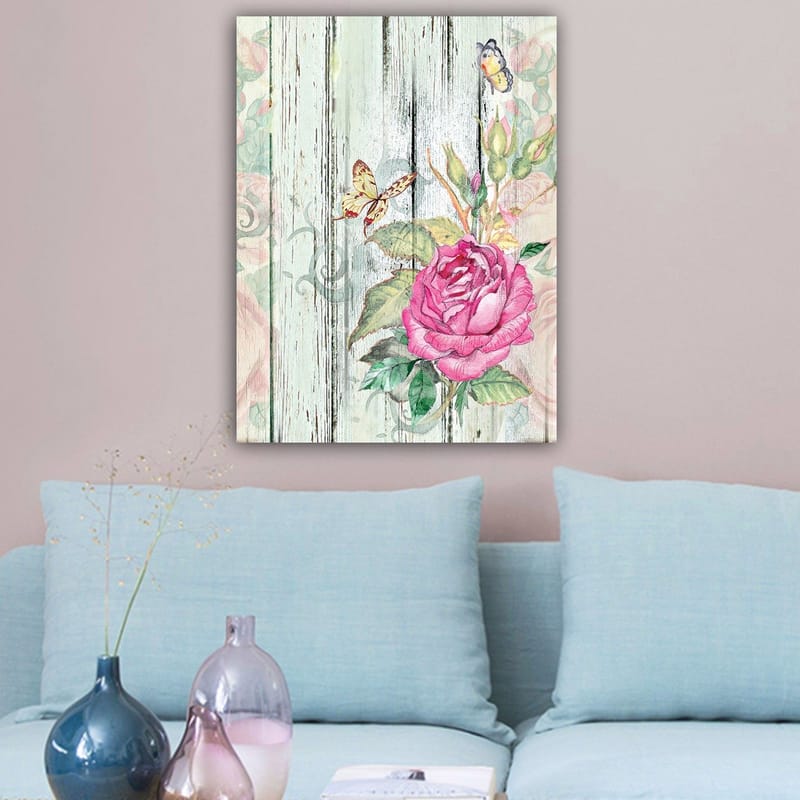 Canvastavla 70x100 cm - Vacker ros omgiven av fjärilar och gröna blad - Rosa / Grön / Gul - Inredning - Tavlor & posters - Canvastavla