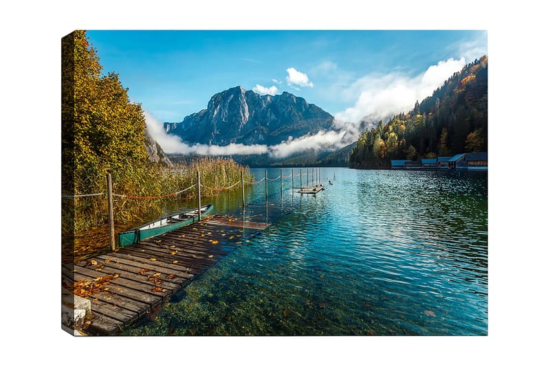 Canvastavla 70x100 cm - Vacker sjö med en brygga, omgiven av majestätiska berg och höstfärgade träd, Blå / Grön / Gul