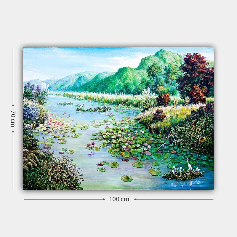 Canvastavla 70x100 cm - Vacker sjöscen med näckrosor och omgivande grönska - Grön / Blå / Rosa - Inredning - Tavlor & posters - Canvastavla