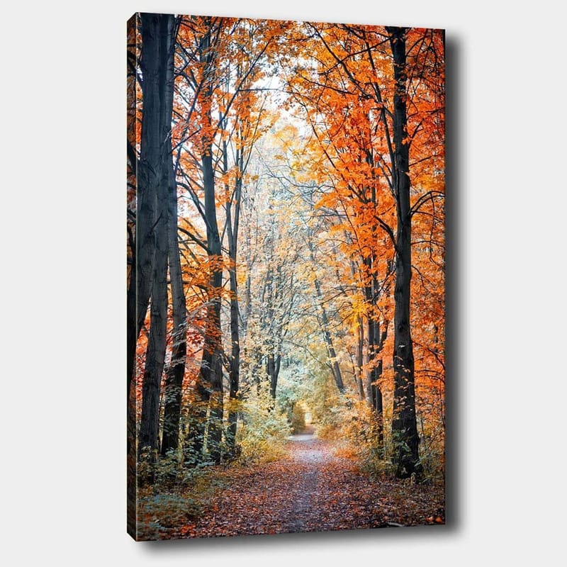 Canvastavla 70x100 cm - Vacker skogsstig omgiven av höstfärger och träd med gyllene och orange löv, Orange / Guld / Grön