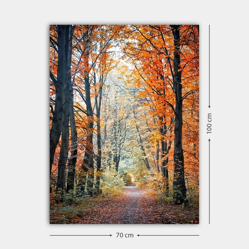 Canvastavla 70x100 cm - Vacker skogsstig omgiven av höstfärger och träd med gyllene och orange löv - Orange / Guld / Grön - Inredning - Tavlor & posters - Canvastavla