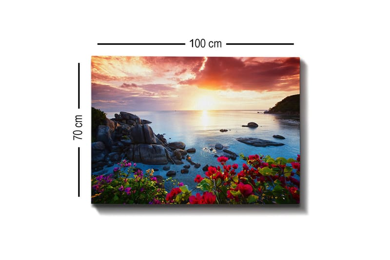 Canvastavla 70x100 cm - Vacker solnedgång över havet med klippor och färgglada blommor i förgrunden - Rosa / Blå / Orange - Inredning - Tavlor & posters - Canvastavla