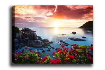 Canvastavla 70x100 cm - Vacker solnedgång över havet med klippor och färgglada blommor i förgrunden - Rosa / Blå / Orange - Inredning - Tavlor & posters - Canvastavla