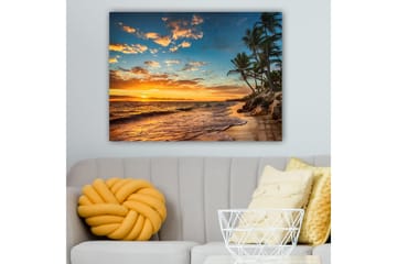 Canvastavla 70x100 cm - Vacker solnedgång vid en strand med palmer och mjuka vågor som rullar in mot sanden - Orange / Blå / Beige - Inredning - Tavlor & posters - Canvastavla