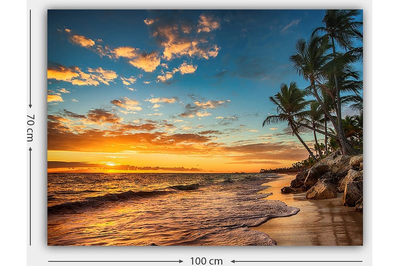 Canvastavla 70x100 cm - Vacker solnedgång vid en strand med palmer och mjuka vågor som rullar in mot sanden - Orange / Blå / Beige - Inredning - Tavlor & posters - Canvastavla