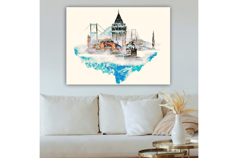 Canvastavla 70x100 cm - Vacker stadssilhuett med historiska byggnader och broar, omgiven av snö och is - Blå / Orange / Grå - Inredning - Tavlor & posters - Canvastavla