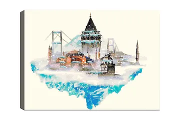 Canvastavla 70x100 cm - Vacker stadssilhuett med historiska byggnader och broar, omgiven av snö och is - Blå / Orange / Grå - Inredning - Tavlor & posters - Canvastavla