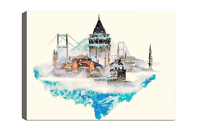 Canvastavla 70x100 cm - Vacker stadssilhuett med historiska byggnader och broar, omgiven av snö och is, Blå / Orange / Grå