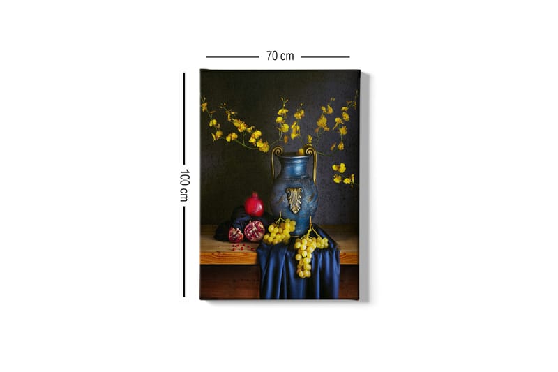 Canvastavla 70x100 cm - Vacker stilleben med en blå vas fylld med gula blommor och frukter som granatäpple och druvor - Blå / Gul / Röd - Inredning - Tavlor & posters - Canvastavla