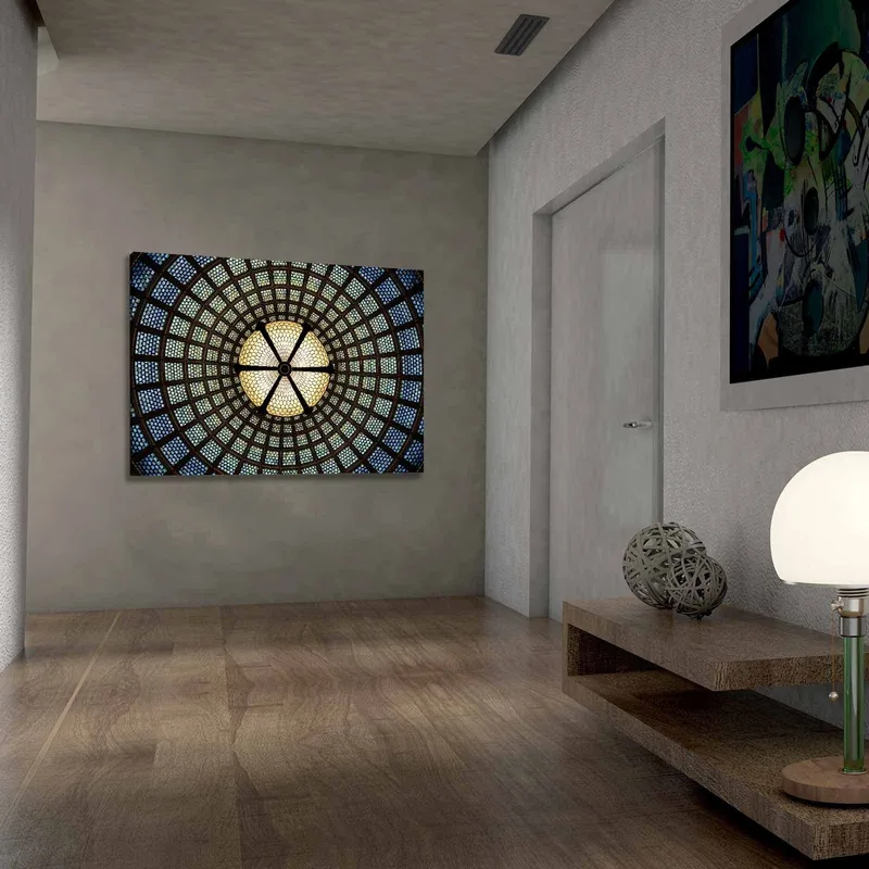 Canvastavla 70x100 cm - Vacker taklampa med geometriska mönster i glas - Blå / Grön / Beige - Inredning - Tavlor & posters - Canvastavla