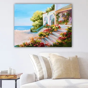 Canvastavla 70x100 cm - Vacker trädgård med blommor och en trappa som leder ner mot havet - Blå / Grön / Röd - Inredning - Tavlor & posters - Canvastavla