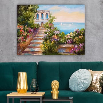 Canvastavla 70x100 cm - Vacker trappa omgiven av färgglada blommor som leder ner till havet och en byggnad med blå fönster - Grön / Rosa / Blå - Inredning - Tavlor & posters - Canvastavla