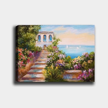 Canvastavla 70x100 cm - Vacker trappa omgiven av färgglada blommor som leder ner till havet och en byggnad med blå fönster - Grön / Rosa / Blå - Inredning - Tavlor & posters - Canvastavla