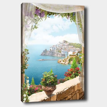 Canvastavla 70x100 cm - Vacker utsikt över en kuststad med färgglada hus och blomstrande växter, sedd genom en öppen fönsteröppning - Blå / Grön / Vit - Inredning - Tavlor & posters - Canvastavla