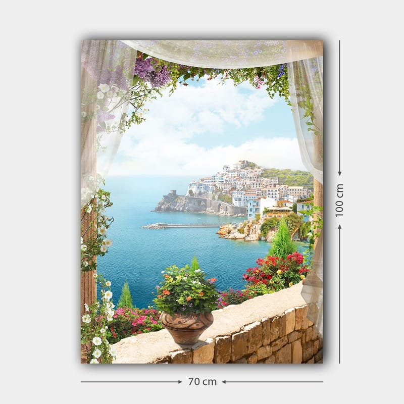 Canvastavla 70x100 cm - Vacker utsikt över en kuststad med färgglada hus och blomstrande växter, sedd genom en öppen fönsteröppning - Blå / Grön / Vit - Inredning - Tavlor & posters - Canvastavla