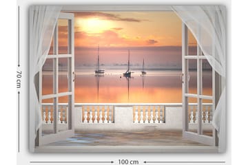 Canvastavla 70x100 cm - Vacker utsikt över en stilla sjö med segelbåtar vid solnedgången - Ljusorange / Rosa / Ljusblå - Inredning - Tavlor & posters - Canvastavla
