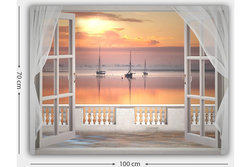 Canvastavla 70x100 cm - Vacker utsikt över en stilla sjö med segelbåtar vid solnedgången - Ljusorange / Rosa / Ljusblå - Inredning - Tavlor & posters - Canvastavla