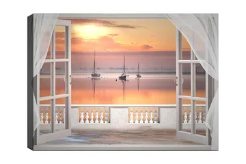 Canvastavla 70x100 cm - Vacker utsikt över en stilla sjö med segelbåtar vid solnedgången - Ljusorange / Rosa / Ljusblå - Inredning - Tavlor & posters - Canvastavla