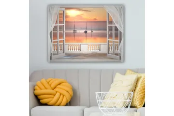 Canvastavla 70x100 cm - Vacker utsikt över en stilla sjö med segelbåtar vid solnedgången - Ljusorange / Rosa / Ljusblå - Inredning - Tavlor & posters - Canvastavla