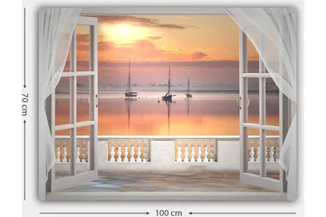 Canvastavla 70x100 cm - Vacker utsikt över en stilla sjö med segelbåtar vid solnedgången - Ljusorange / Rosa / Ljusblå - Inredning - Tavlor & posters - Canvastavla