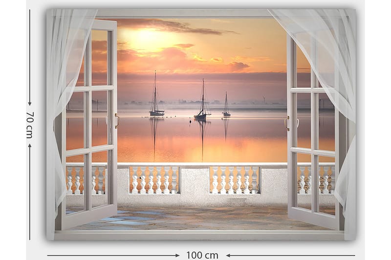 Canvastavla 70x100 cm - Vacker utsikt över en stilla sjö med segelbåtar vid solnedgången - Ljusorange / Rosa / Ljusblå - Inredning - Tavlor & posters - Canvastavla