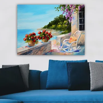 Canvastavla 70x100 cm - Vacker utsikt över havet med blommor i krukor och en stol på en terrass - Blå / Grön / Röd - Inredning - Tavlor & posters - Canvastavla
