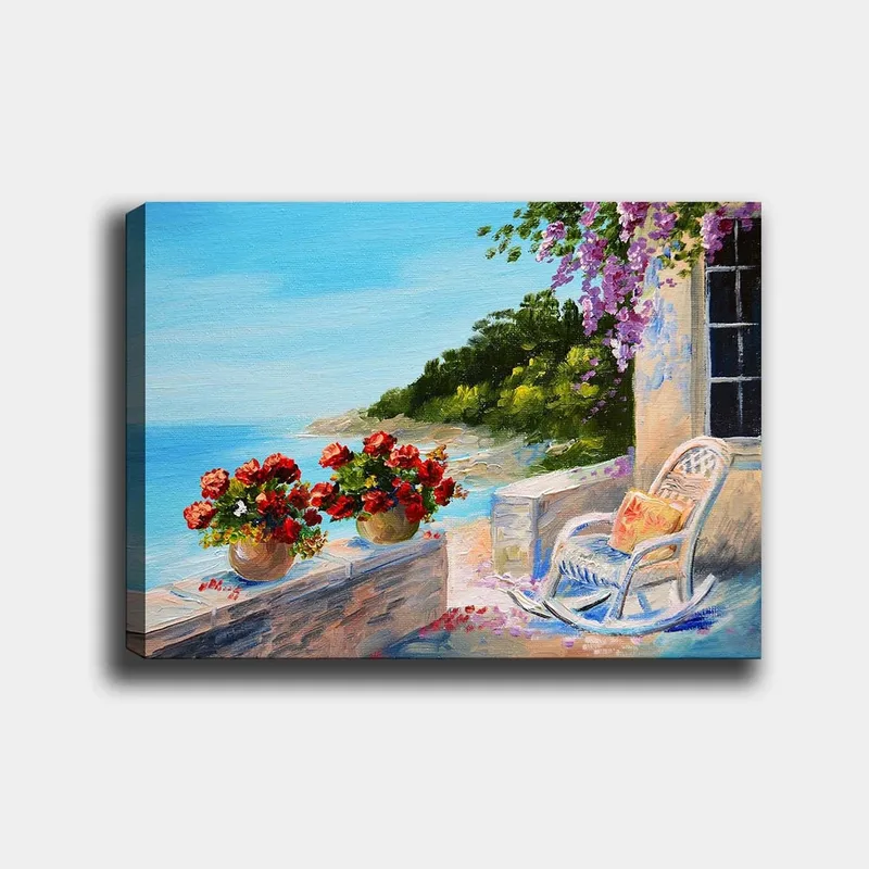 Canvastavla 70x100 cm - Vacker utsikt över havet med blommor i krukor och en stol på en terrass, Blå / Grön / Röd
