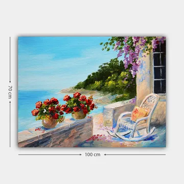 Canvastavla 70x100 cm - Vacker utsikt över havet med blommor i krukor och en stol på en terrass - Blå / Grön / Röd - Inredning - Tavlor & posters - Canvastavla