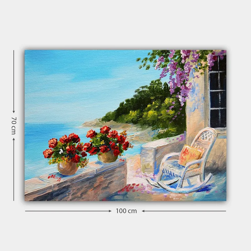 Canvastavla 70x100 cm - Vacker utsikt över havet med blommor i krukor och en stol på en terrass - Blå / Grön / Röd - Inredning - Tavlor & posters - Canvastavla