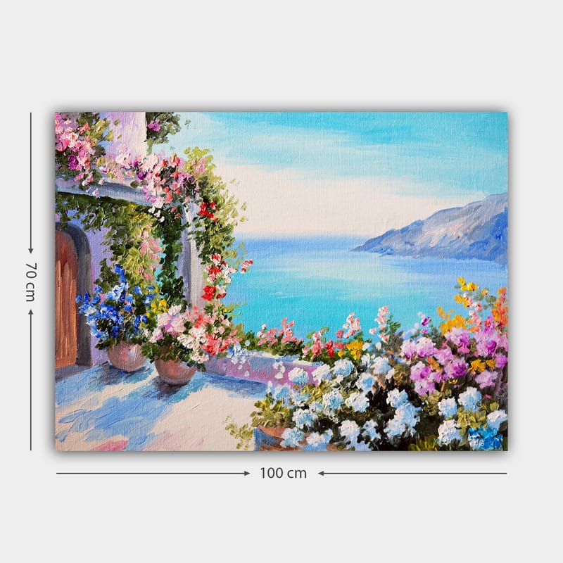 Canvastavla 70x100 cm - Vacker utsikt över havet med blomsterarrangemang i krukor som pryder en terrass - Blå / Grön / Rosa - Inredning - Tavlor & posters - Canvastavla