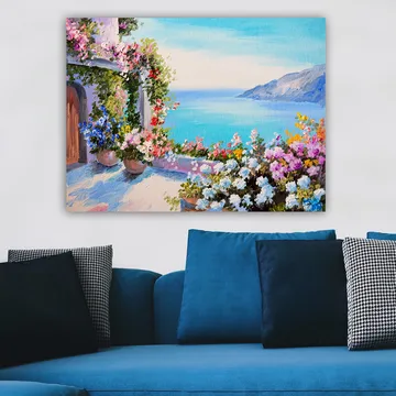 Canvastavla 70x100 cm - Vacker utsikt över havet med blomsterarrangemang i krukor som pryder en terrass - Blå / Grön / Rosa - Inredning - Tavlor & posters - Canvastavla