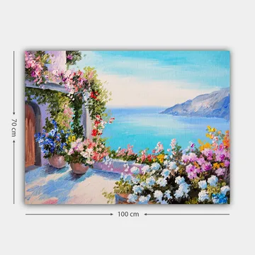 Canvastavla 70x100 cm - Vacker utsikt över havet med blomsterarrangemang i krukor som pryder en terrass - Blå / Grön / Rosa - Inredning - Tavlor & posters - Canvastavla