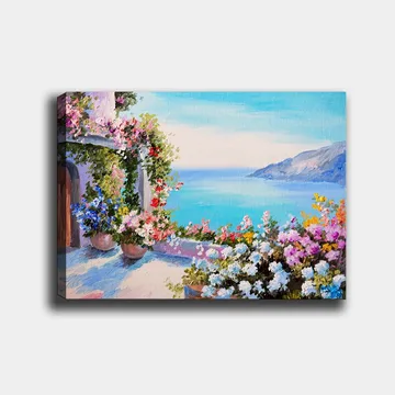 Canvastavla 70x100 cm - Vacker utsikt över havet med blomsterarrangemang i krukor som pryder en terrass - Blå / Grön / Rosa - Inredning - Tavlor & posters - Canvastavla