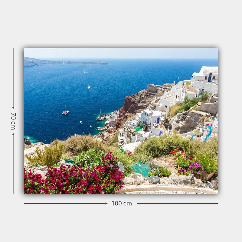 Canvastavla 70x100 cm - Vacker utsikt över Santorini med vita hus och blommor som pryder klipporna vid havet - Blå / Vit / Grön - Inredning - Tavlor & posters - Canvastavla