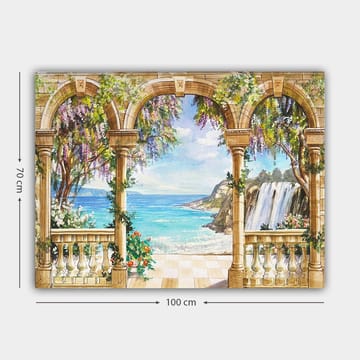 Canvastavla 70x100 cm - Vacker utsikt genom en arkad med hav, vattenfall och frodig vegetation - Blå / Grön / Beige - Inredning - Tavlor & posters - Canvastavla