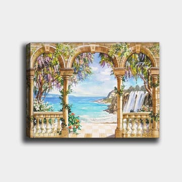 Canvastavla 70x100 cm - Vacker utsikt genom en arkad med hav, vattenfall och frodig vegetation - Blå / Grön / Beige - Inredning - Tavlor & posters - Canvastavla